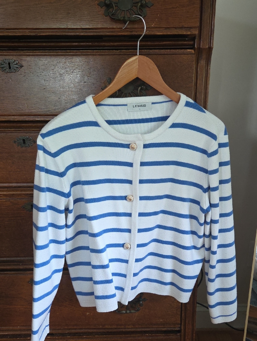 Latahuo Blue & White Striped Button-Front Cardigan